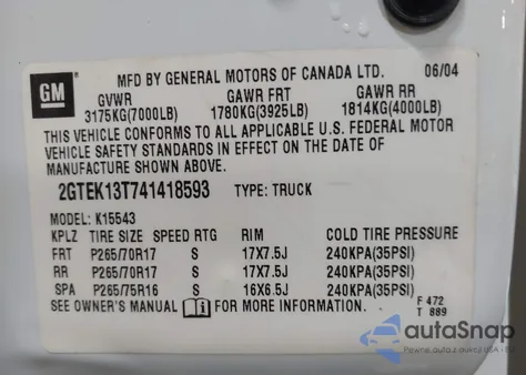 2004 GMC Sierra 1500 Slt z USA, uszkodzony, nr VIN 2GTEK13T741418593